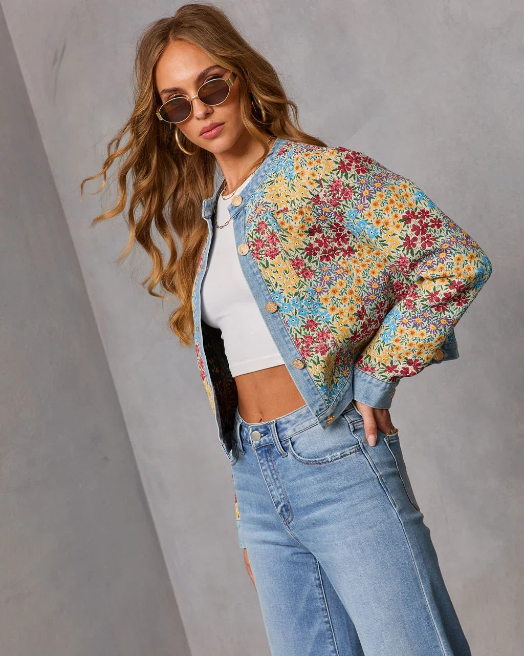Painted Petal Floral Denim Trim Jacket