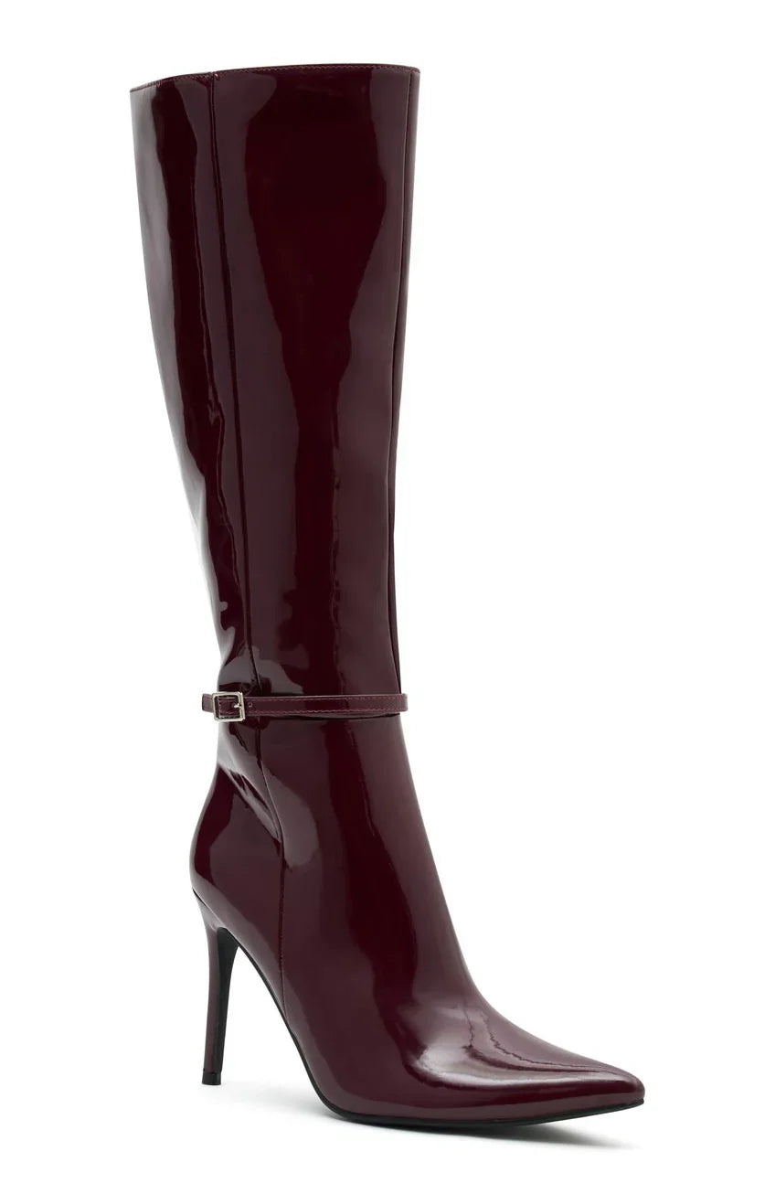 One Step At A Time Knee High Boots Deep Burgundy Patent