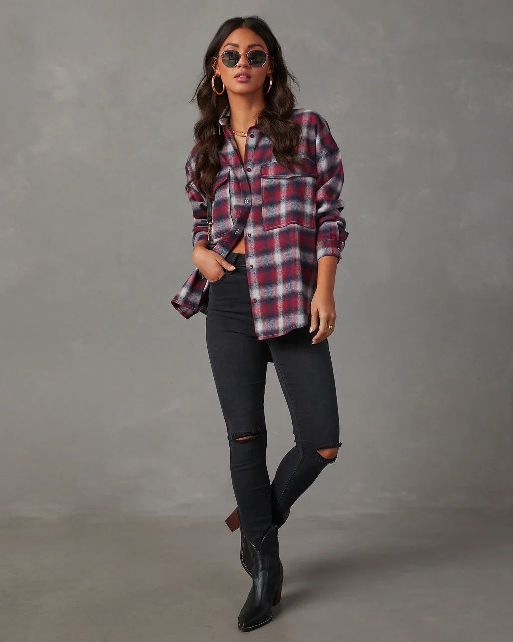 Petaluma Cotton Blend Plaid Button Down Top