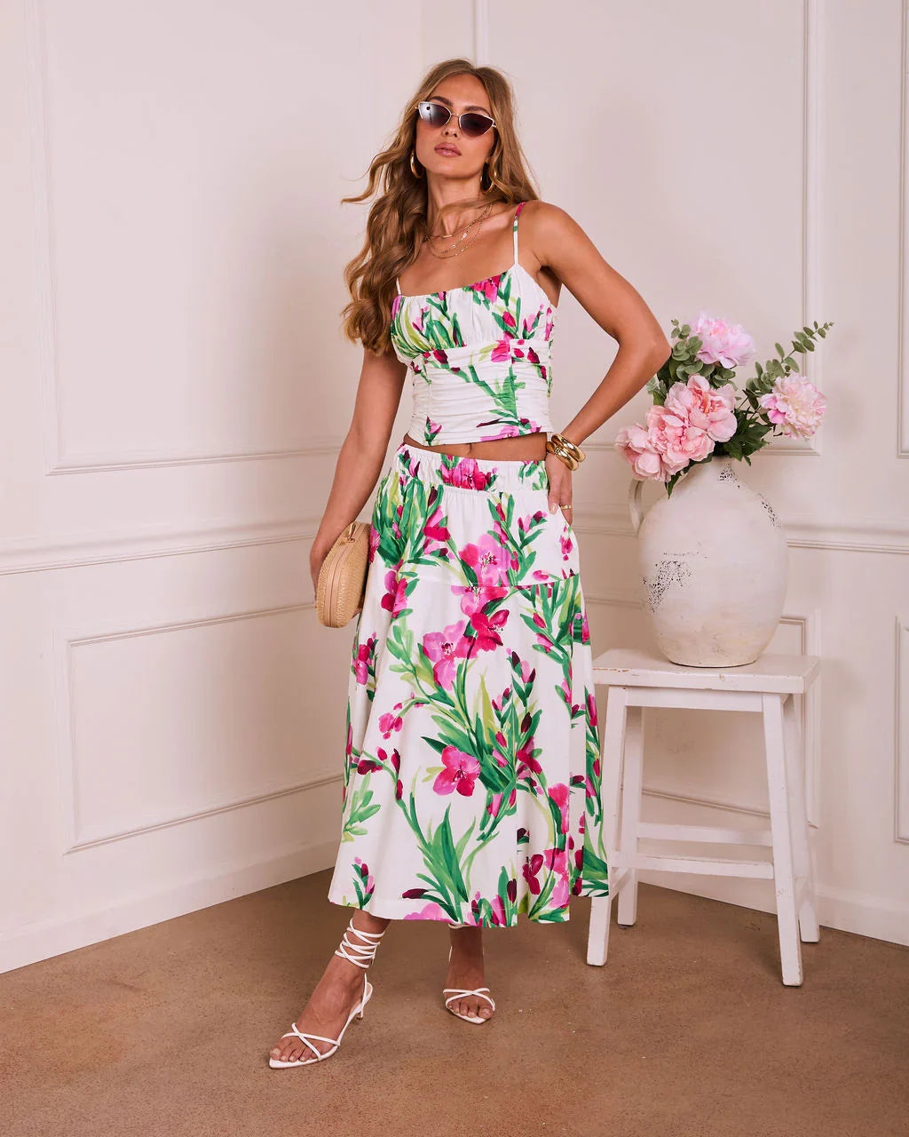 Fresh Gardenia Floral Midi Skirt