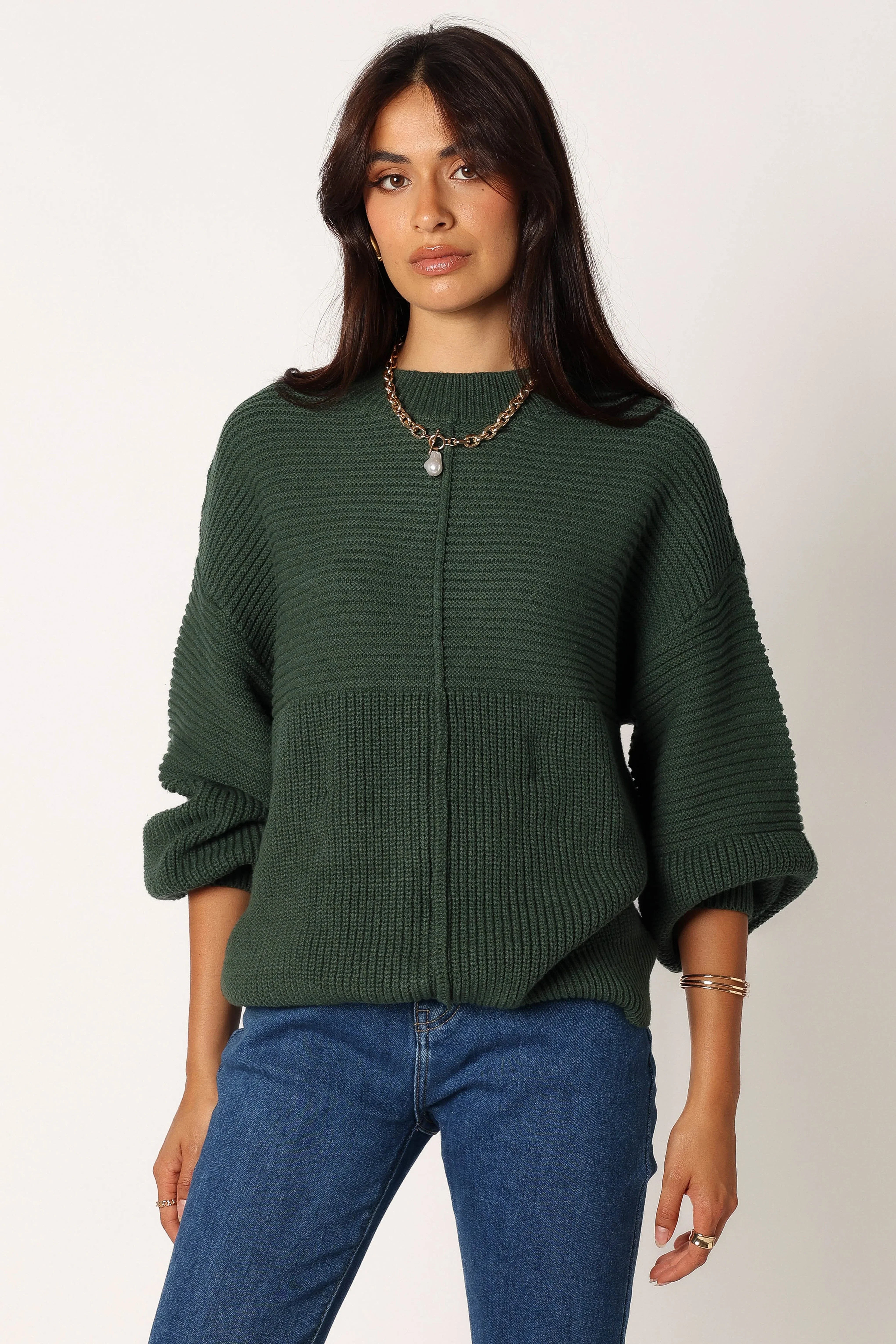 Meredith Ribbed Crewneck Knit Sweater Green