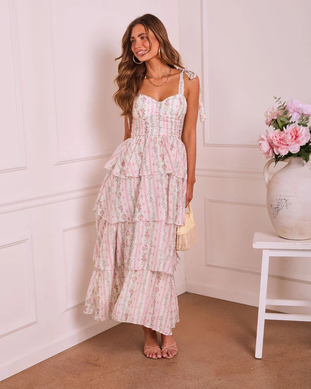 Honey Blush Tiered Floral Midi Dress