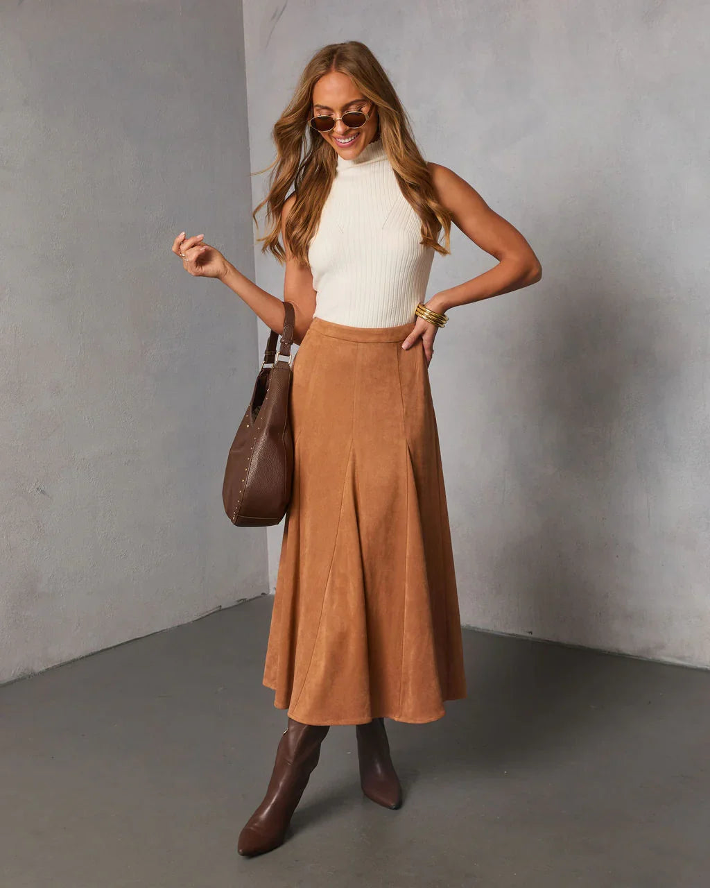 Maicie Pleated Faux Suede Maxi Skirt