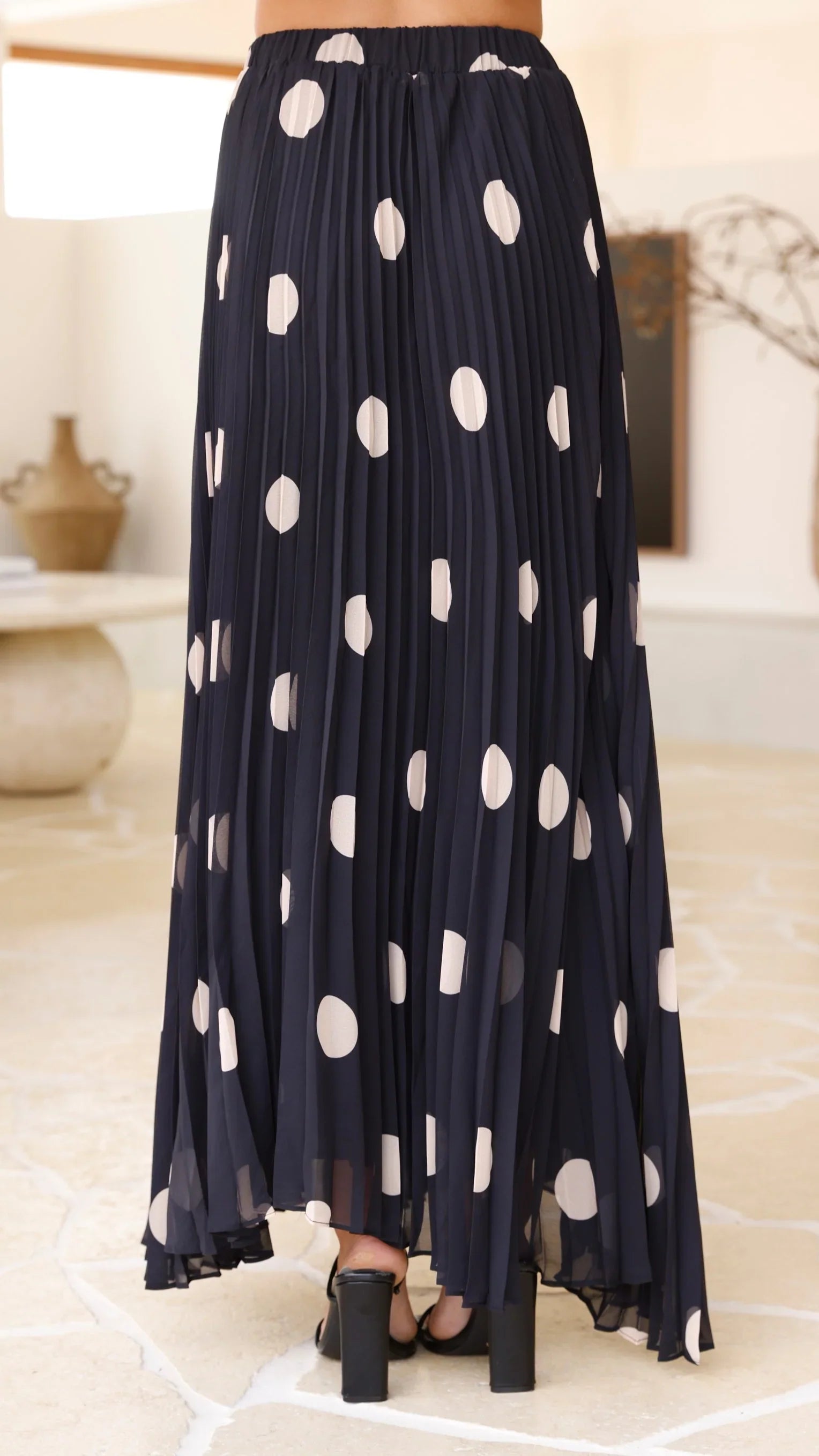 Cambree Peplum Top and Maxi Skirt Set Black Beige Polka Dot