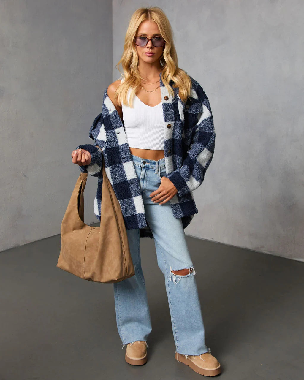 Elysie Curled Knit Plaid Jacket