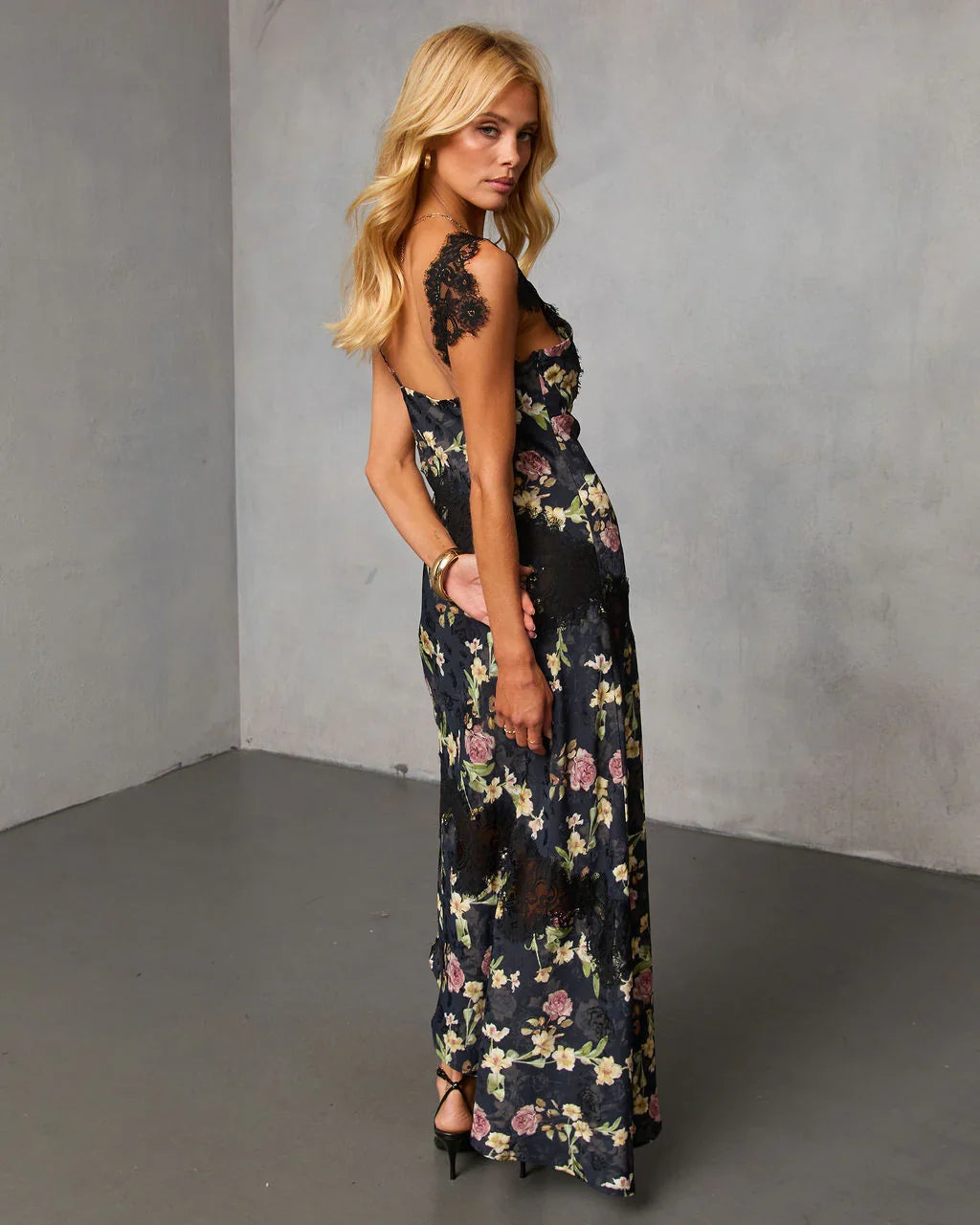 Rominah Printed Asymmetric Lace Trim Maxi Dress