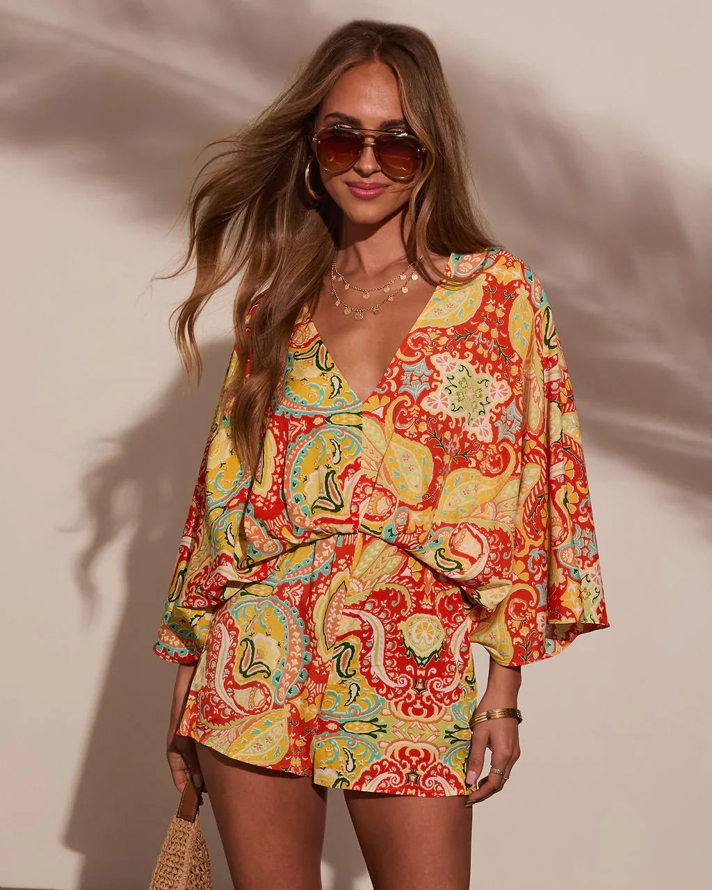 Sunset Gleam Abstract Kimono Sleeve Romper