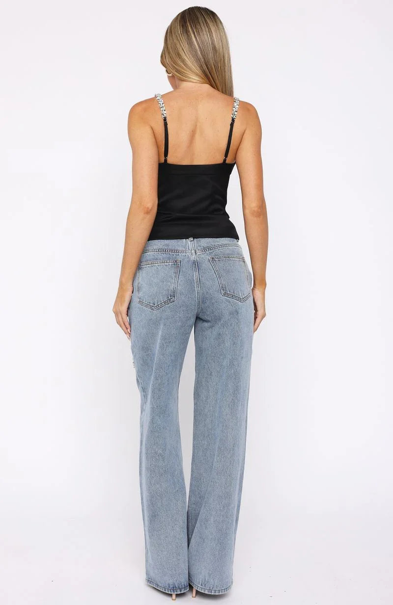 No More Excuses Mid Rise Wide Leg Jeans Mid Blue