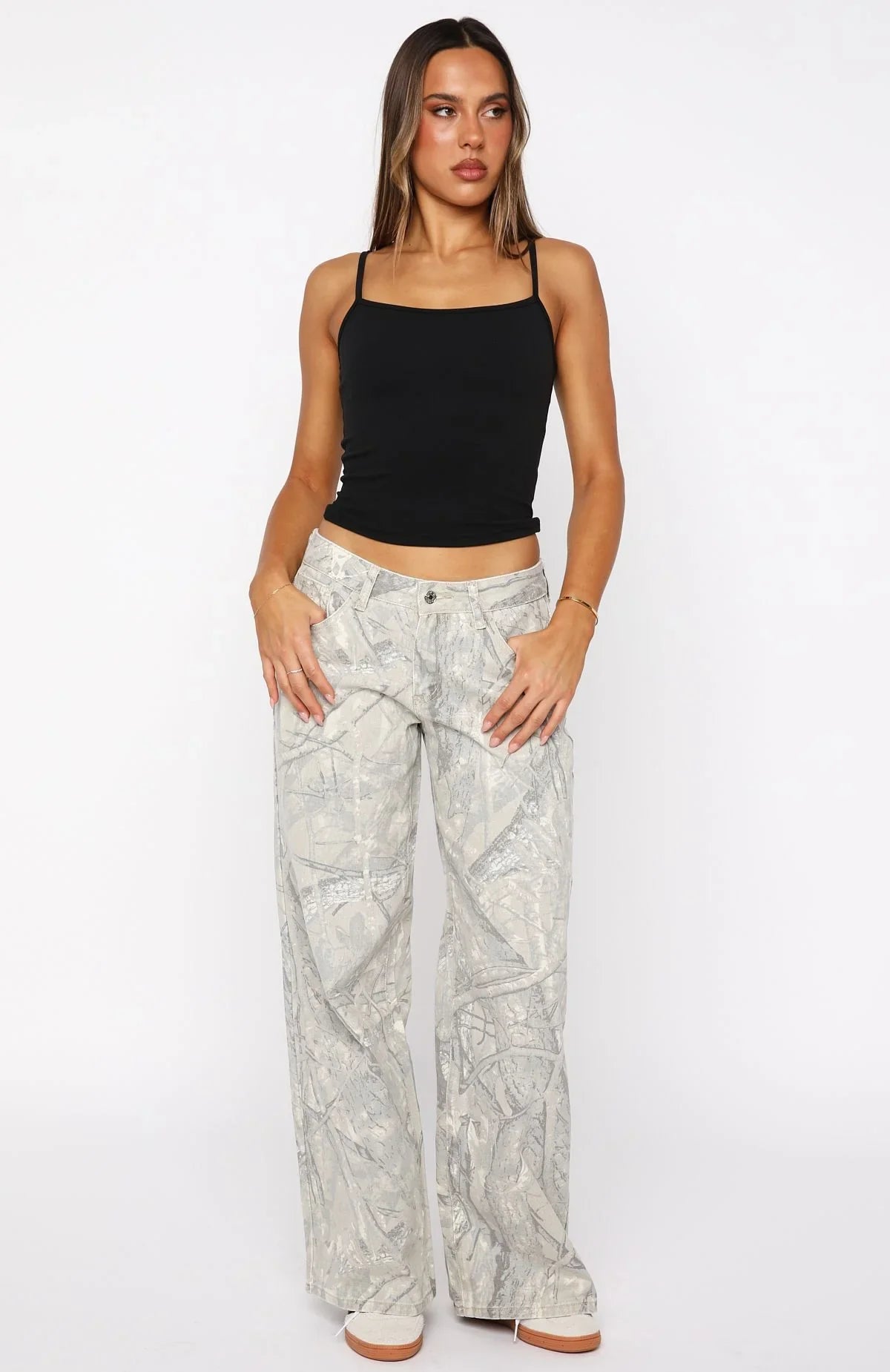 Maeve Low Rise Wide Leg Jeans Sand Camouflage