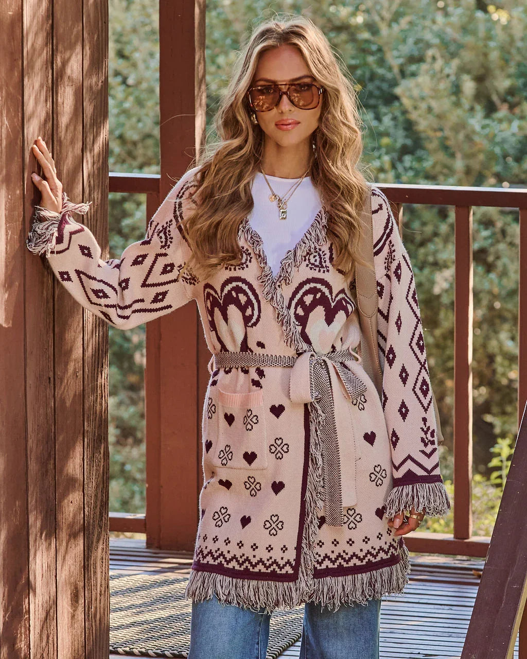 Anneston Printed Wrap Tie Fringe Cardigan