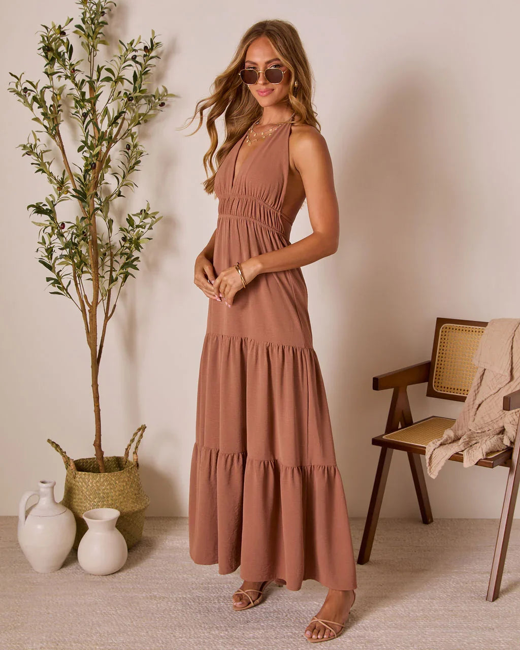 Seaflower Tiered Halter Neck Maxi Dress