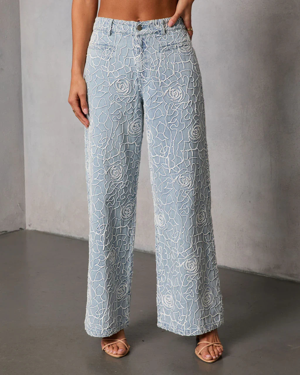 Early Bloom Rigid Embroidered Denim Wide Leg Jeans