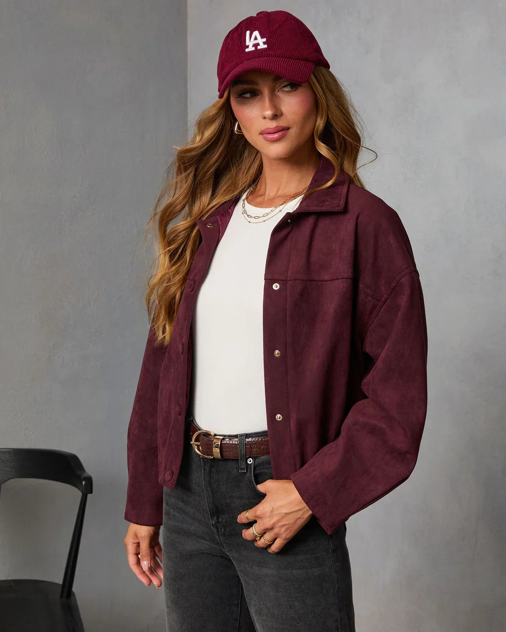 Plum Skies Suede Front Button Shirt Jacket