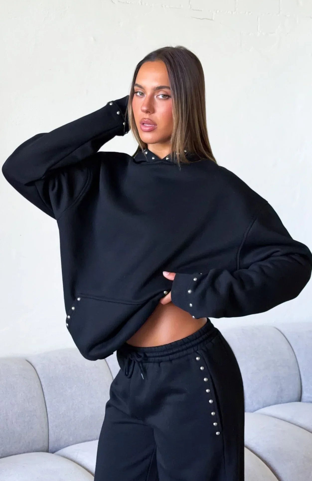 Glow Your Own Way Studded Oversized Hoodie Black
