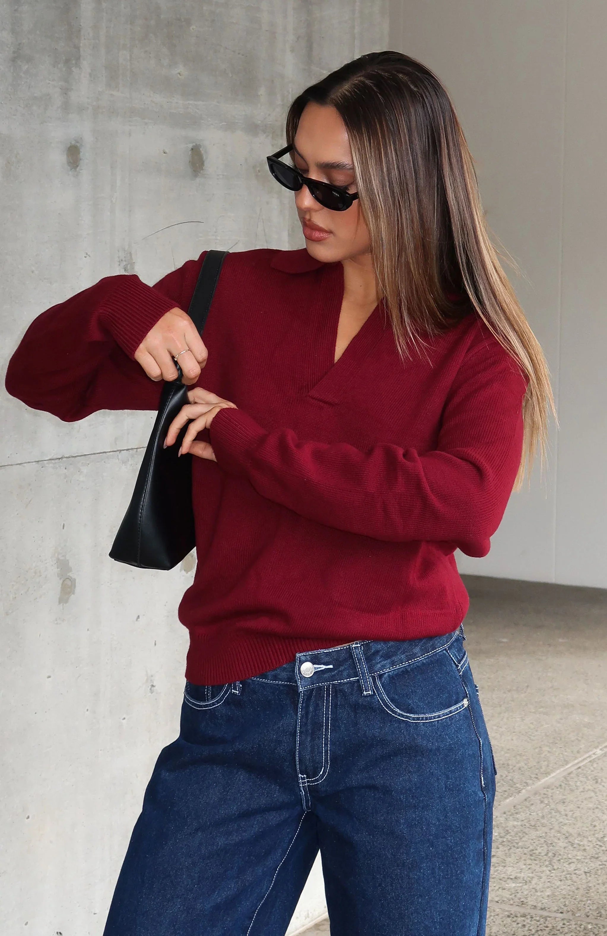 Must Be You Knitted Polo Sweater Burgundy