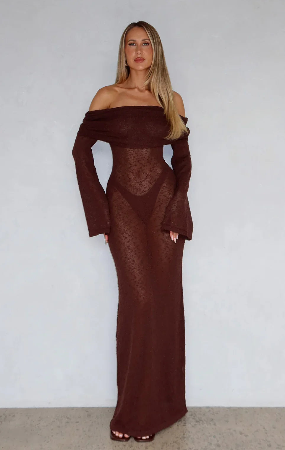 Made It Out Long Sleeve Boucle Maxi Dress Chocolate