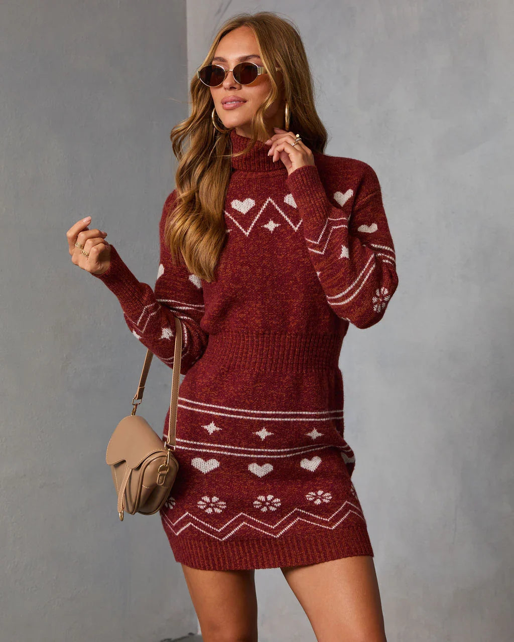 Muted Rose Abstract Knit Mini Sweater Dress