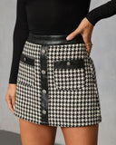 Holiday Elm Contrast Vegan Leather Trim Houndstooth Mini Skirt
