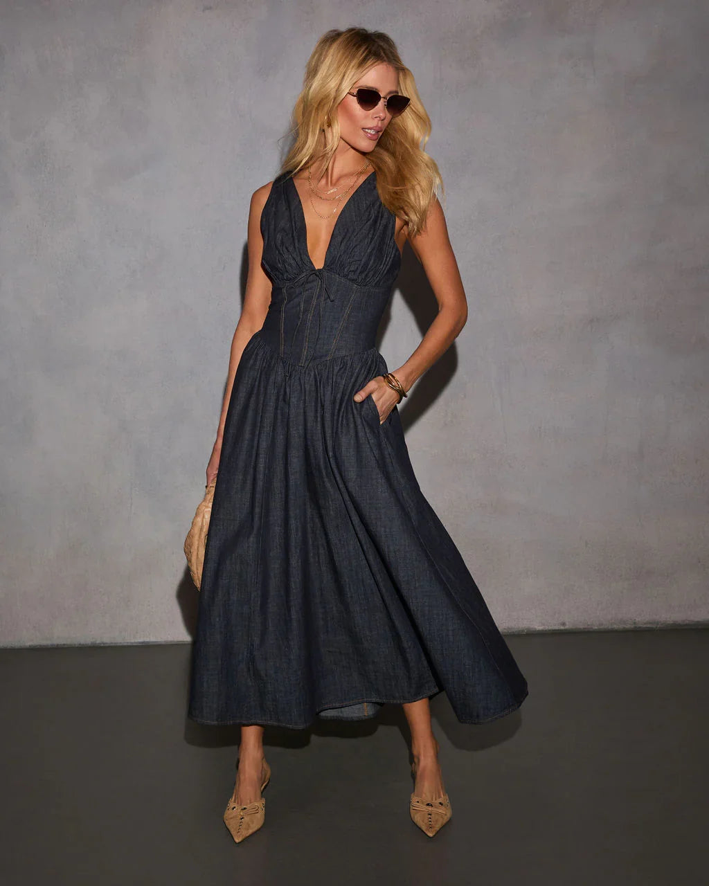 Cherri Fit And Flare Denim Midi Dress
