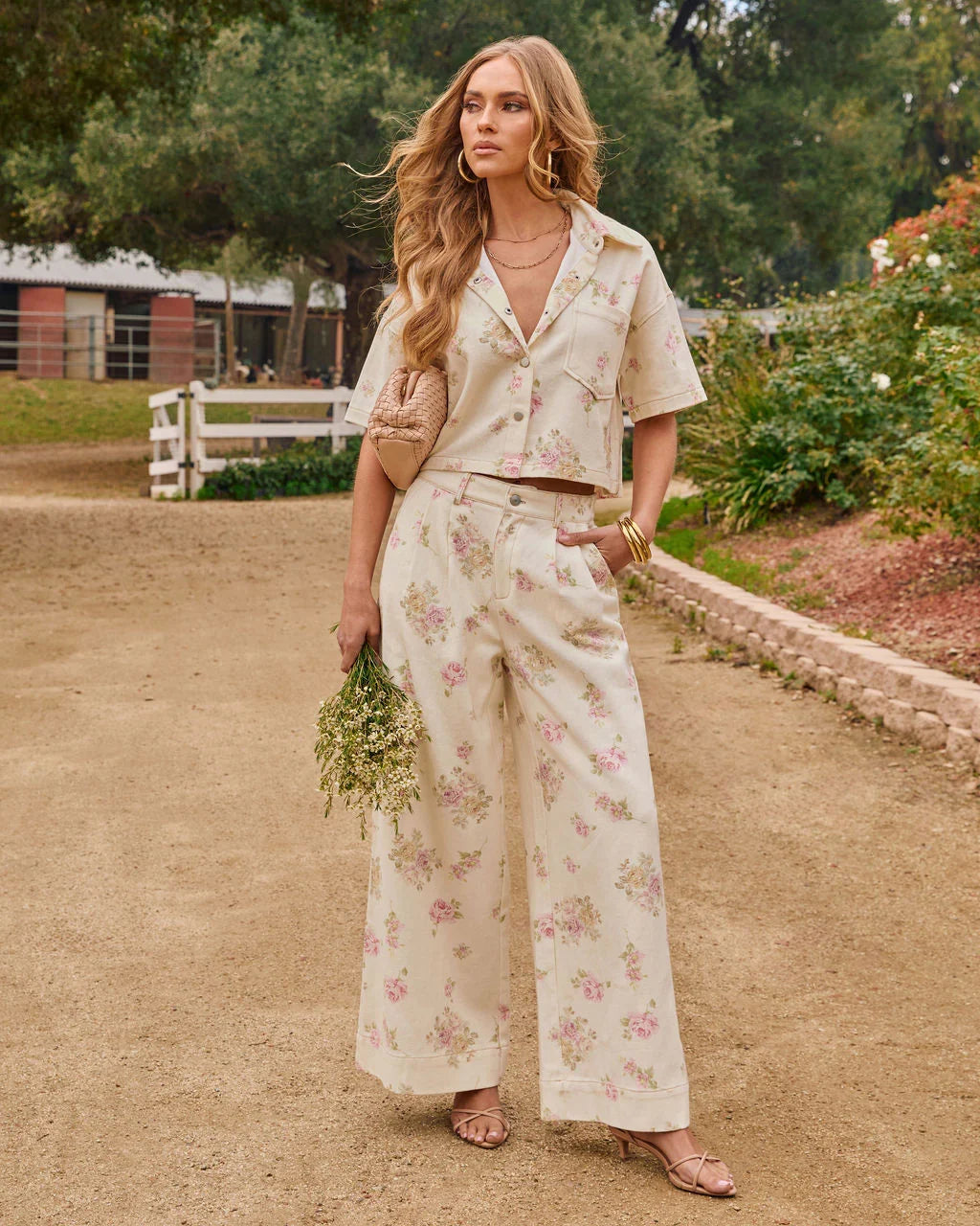 Junelle Rigid High Rise Wide Leg Pleated Floral Jeans