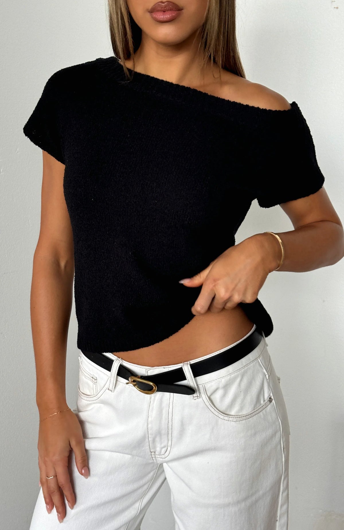 Finding Time Off Shoulder Knit Top Black