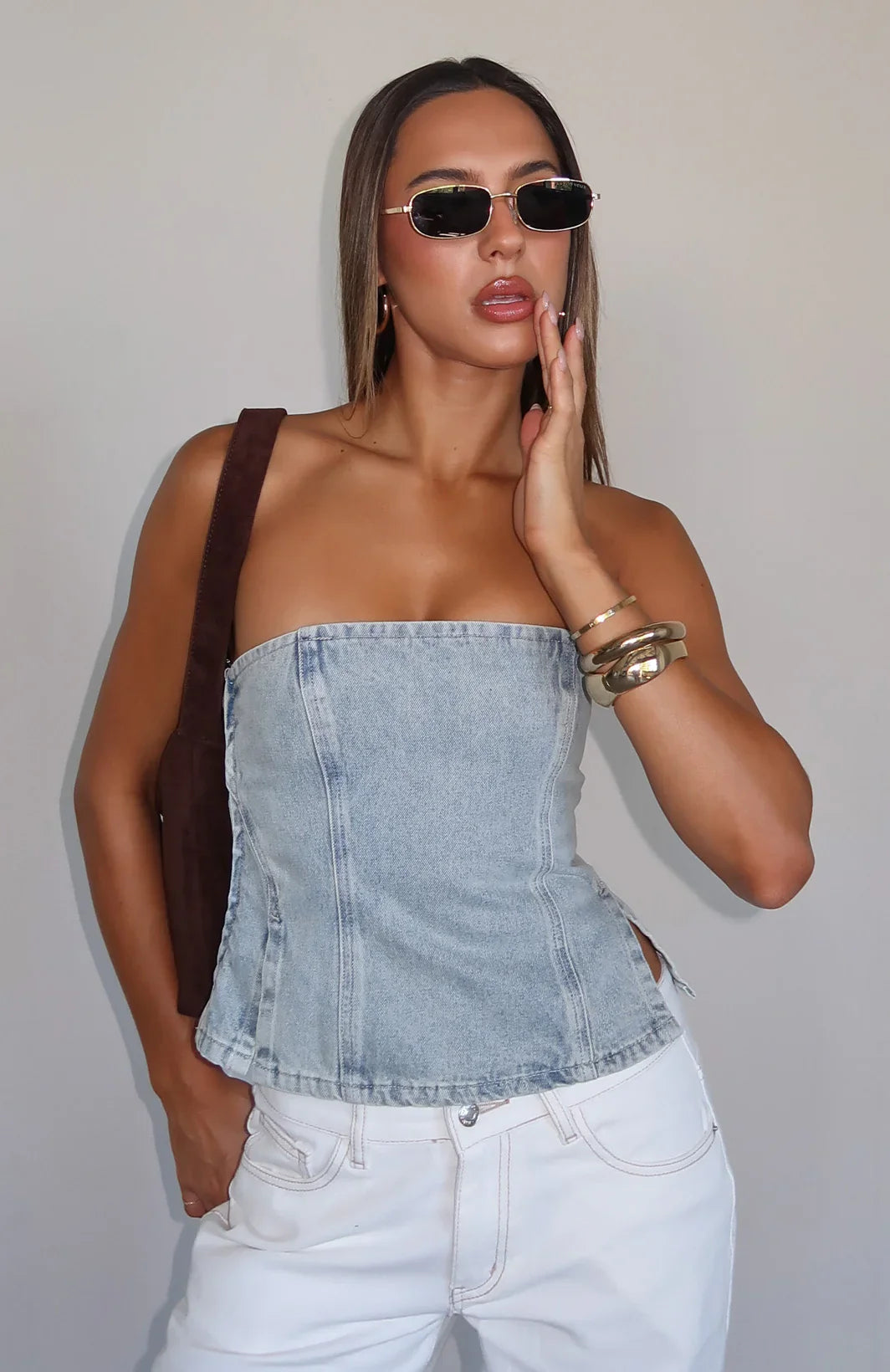 Not Listening Strapless Denim Top Light Blue
