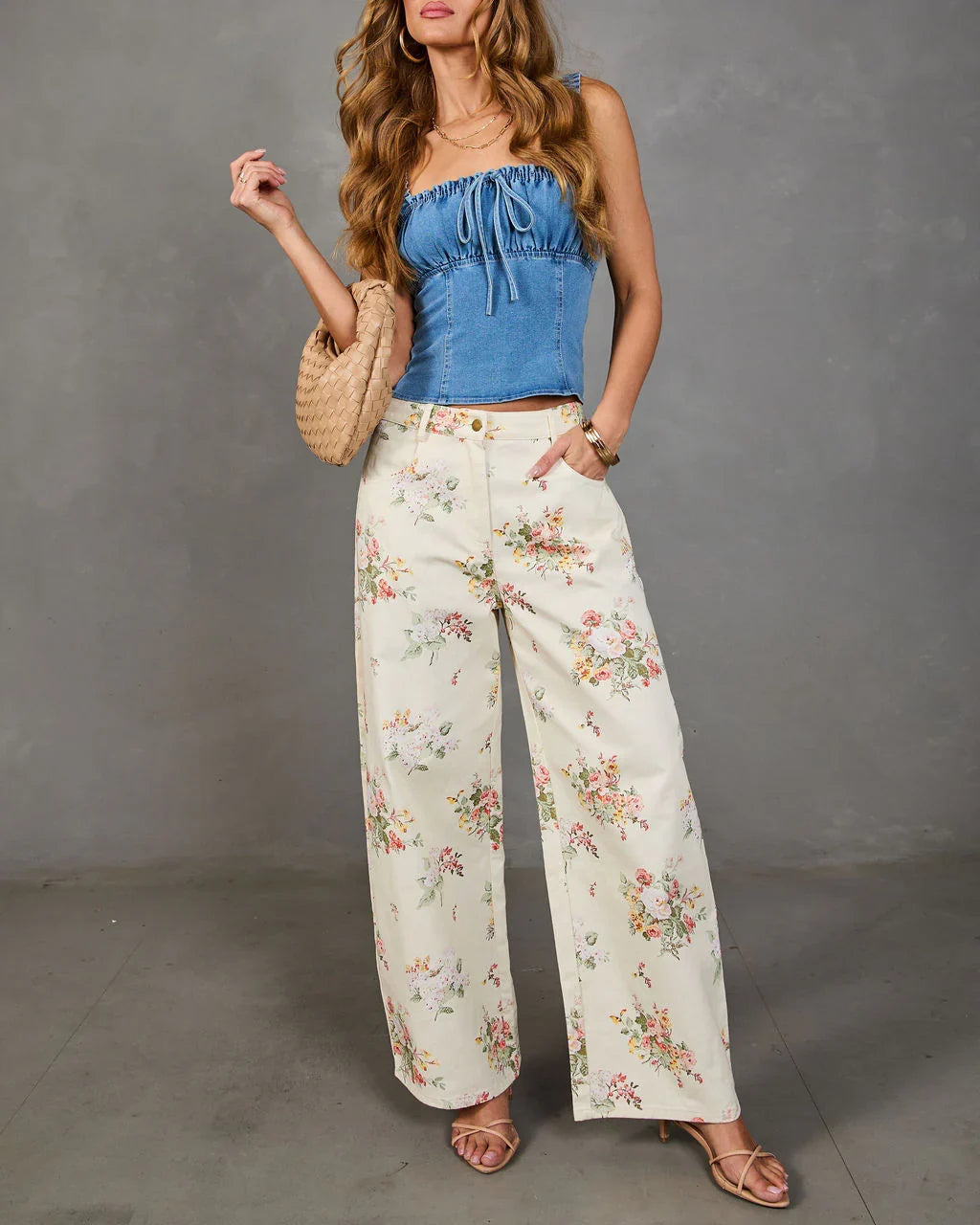Sunlit Petals Rigid Mid Rise Wide Leg Floral Jeans
