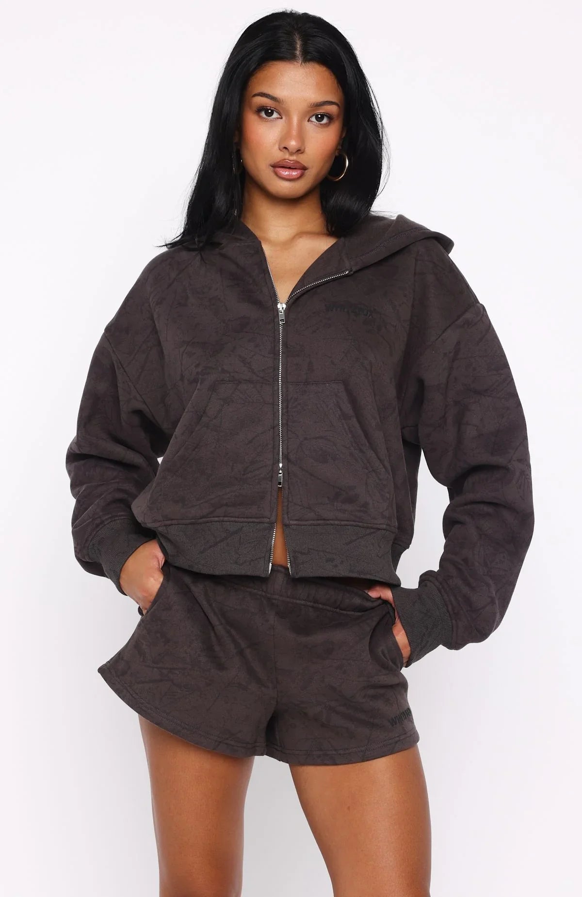 Hiding Away Boxy Zip Front Hoodie Dark Camo