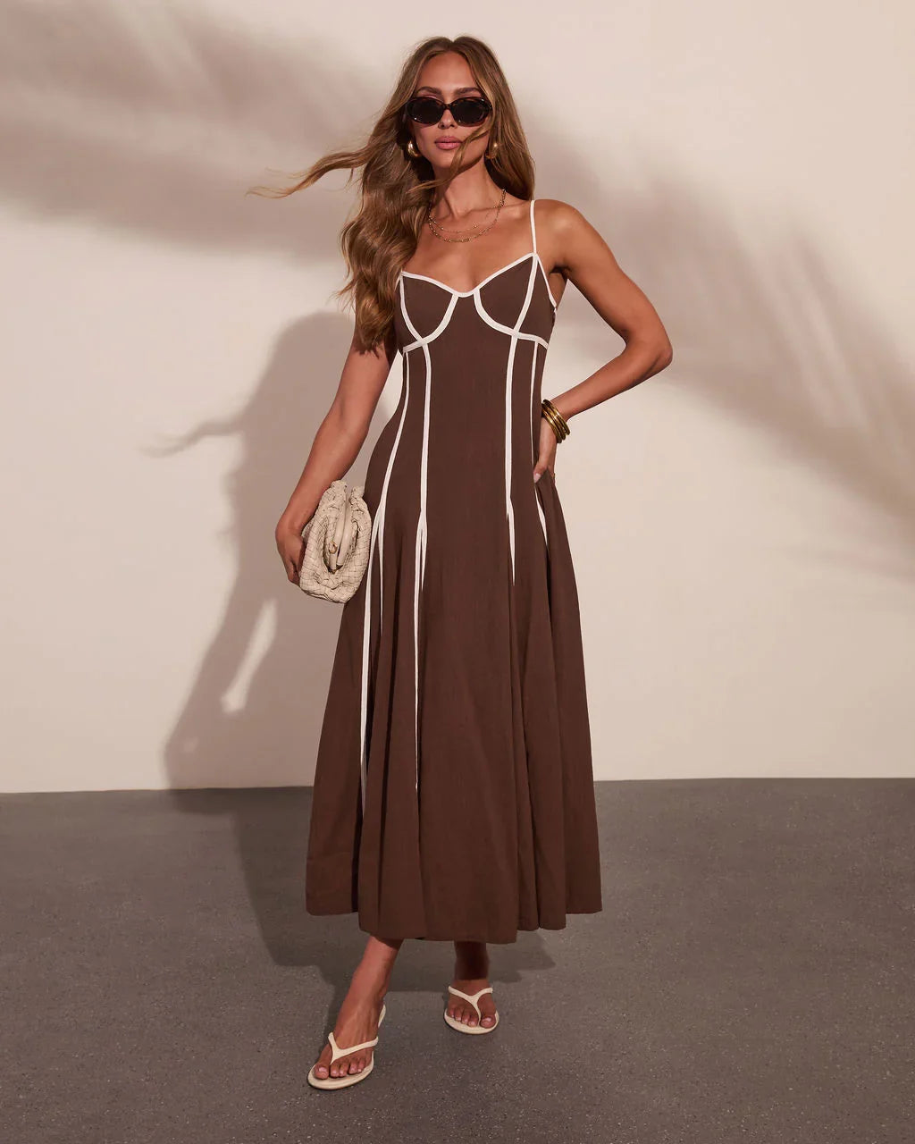 Adriah Contrast Trim Fit and Flare Maxi Dress