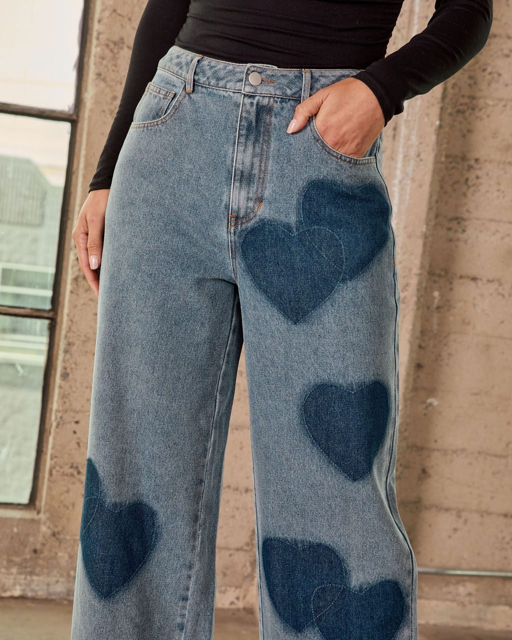 Just Lovers Heart Print Rigid Straight Leg Jeans