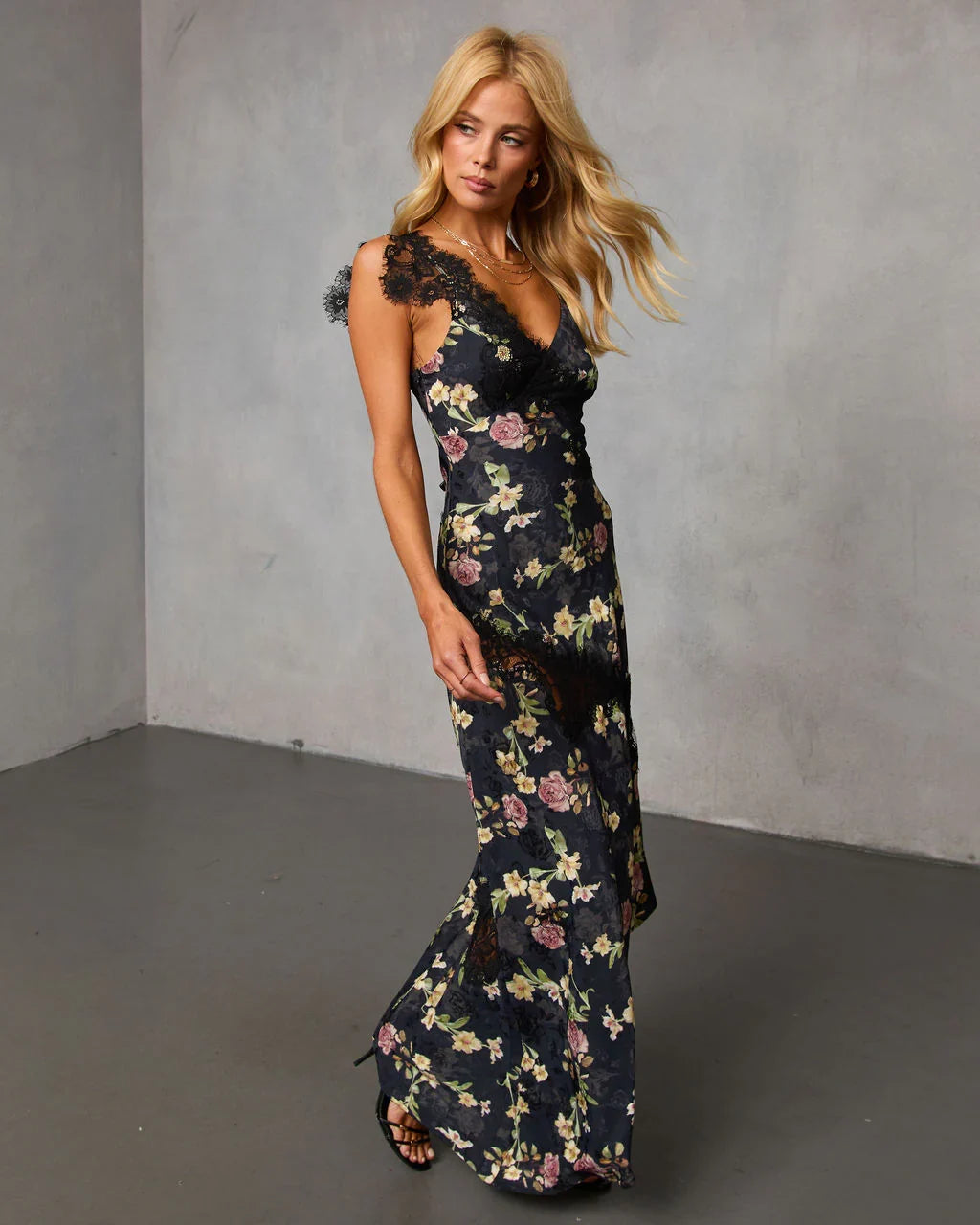 Rominah Printed Asymmetric Lace Trim Maxi Dress