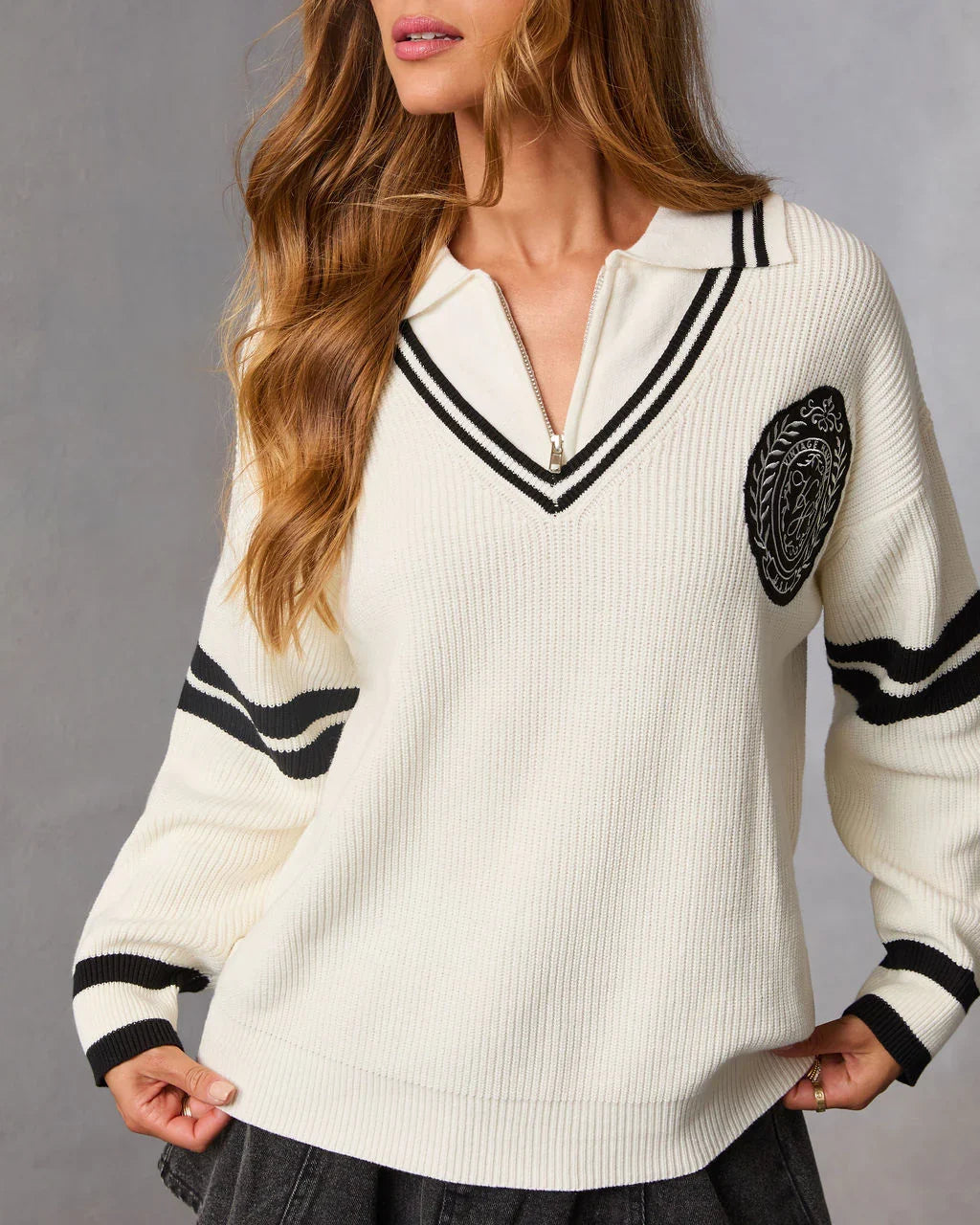 Jiles Embroidered Crest Partial Zip Sweater