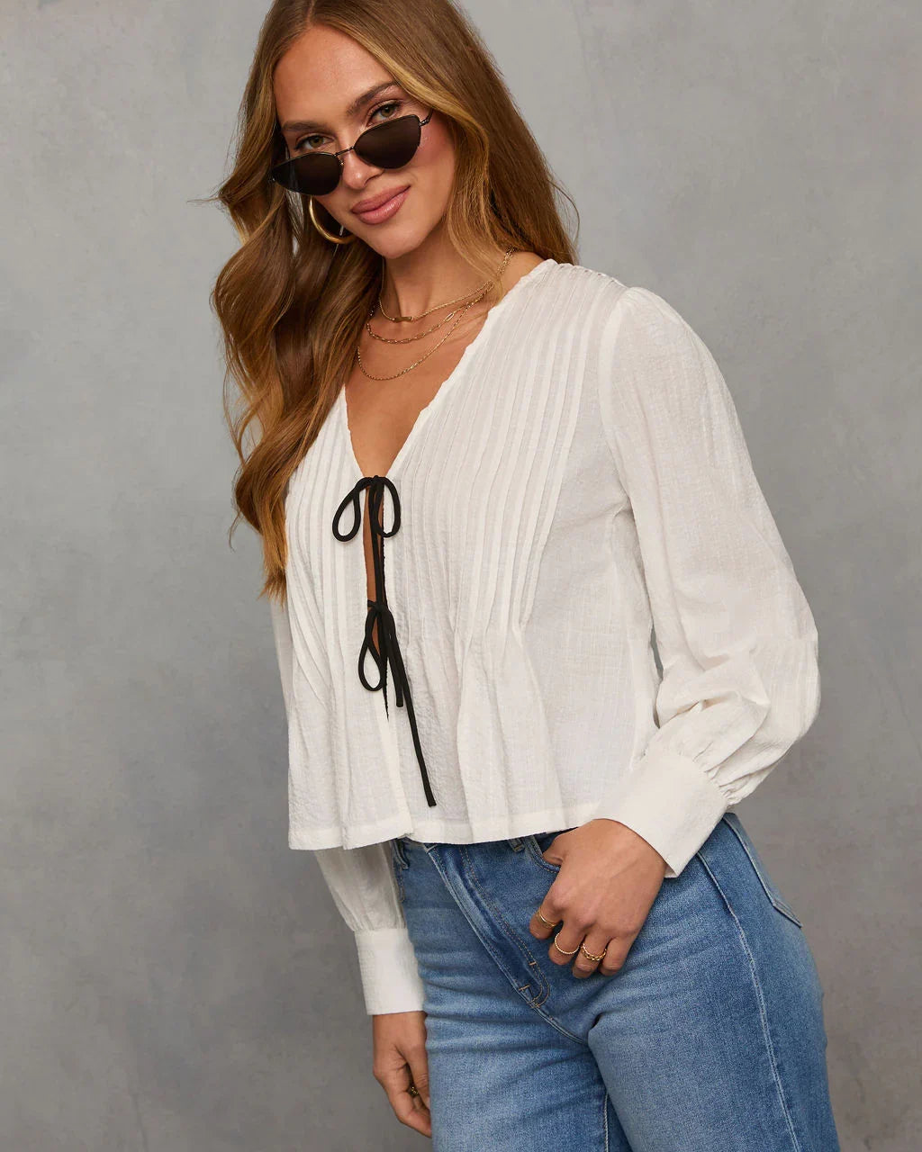 Love Lost Front Tie Pleated Peasant Blouse