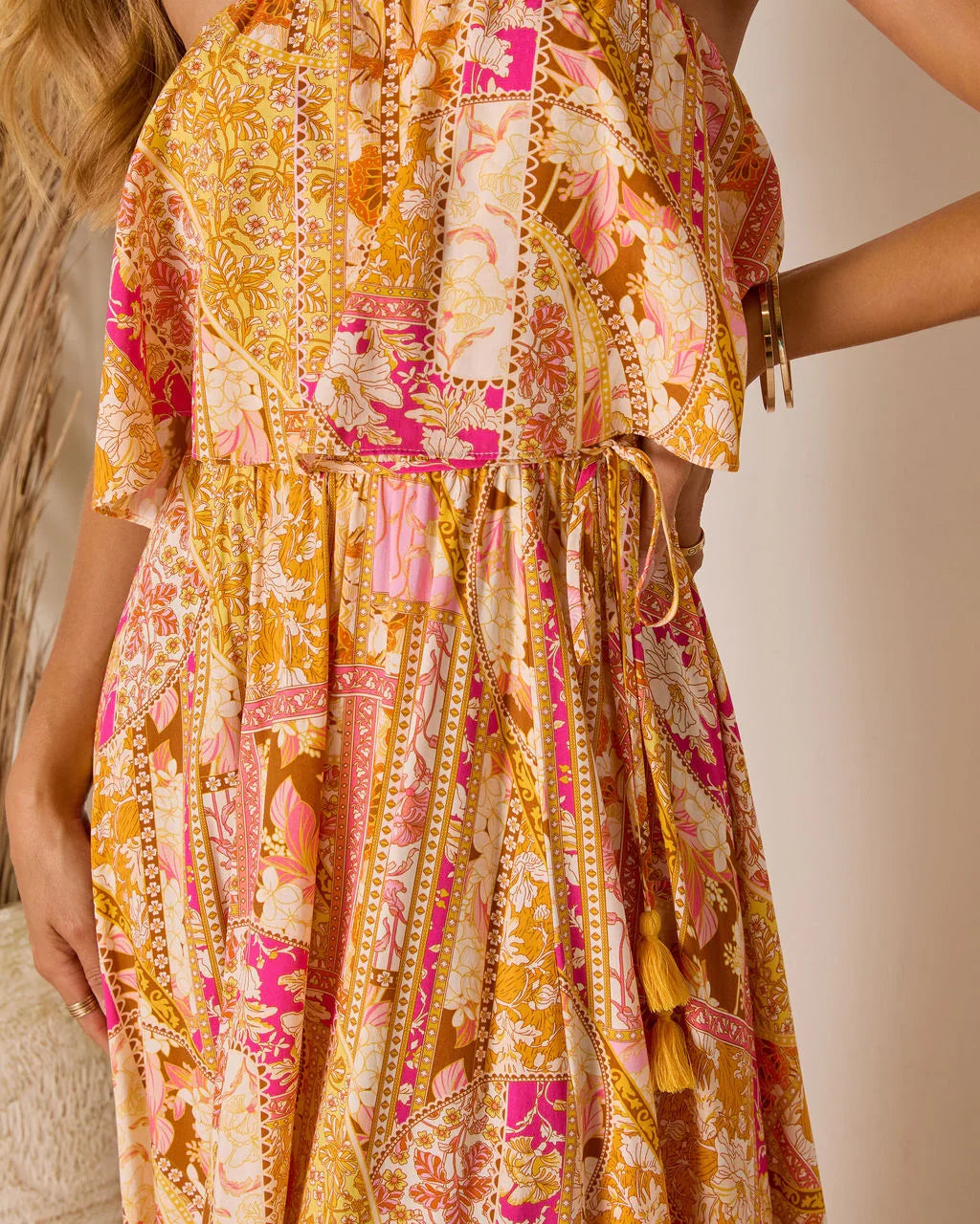Rosha Printed Strapless Tie Maxi Dress