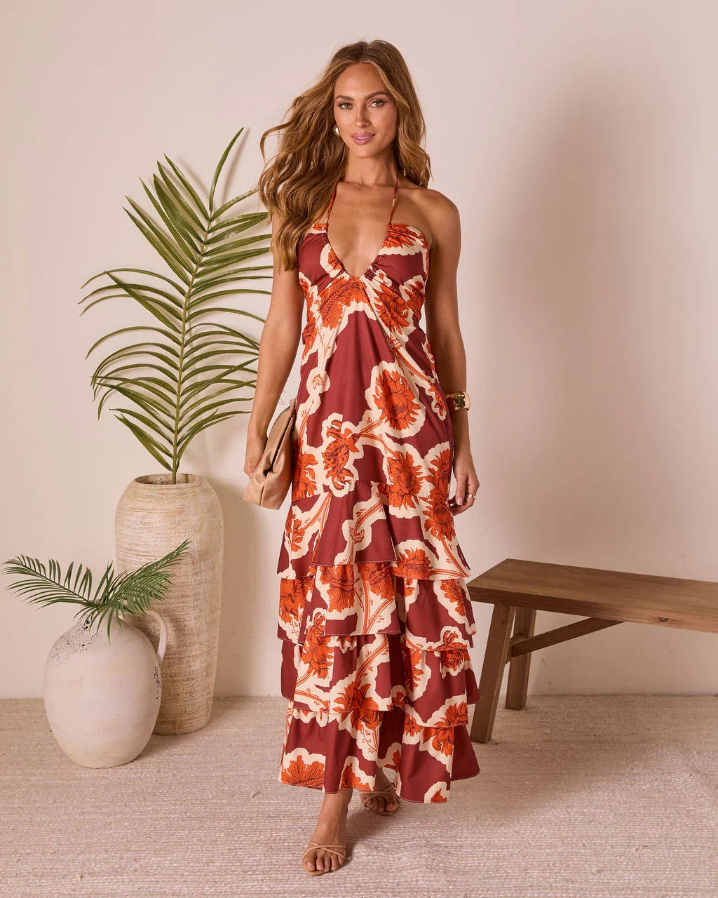 Tropical Tide Abstract Halter Maxi Dress