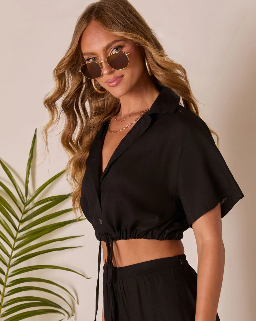 Gabbie Short Sleeve Collared Button Up Top