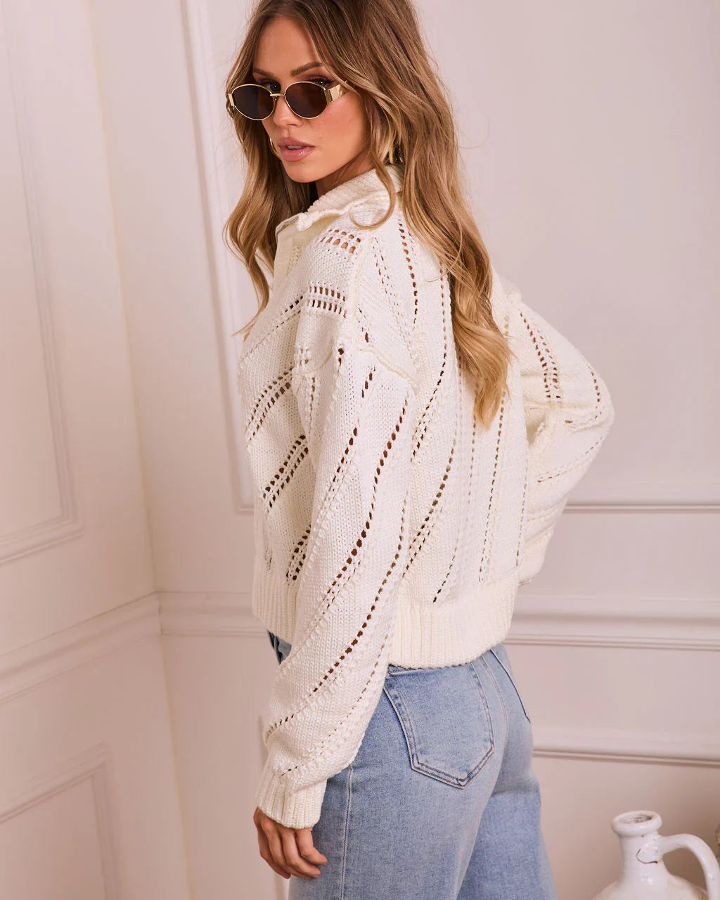 White Dawn Knit Quarter Zip Sweater